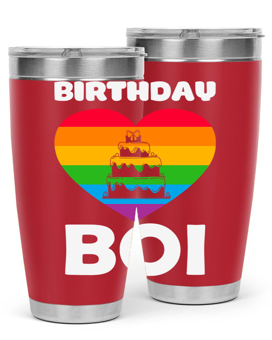 Birthday Boi LGBT Pride tumbler featuring vibrant colors and a stylish design, perfect for celebrating pride and keeping drinks hot or cold.