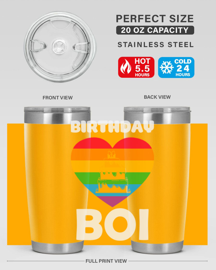 Birthday Boi LGBT Pride tumbler featuring vibrant colors and a stylish design, perfect for celebrating pride and keeping drinks hot or cold.