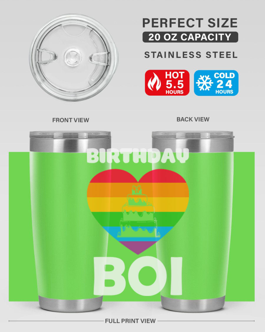 Birthday Boi LGBT Pride tumbler featuring vibrant colors and a stylish design, perfect for celebrating pride and keeping drinks hot or cold.