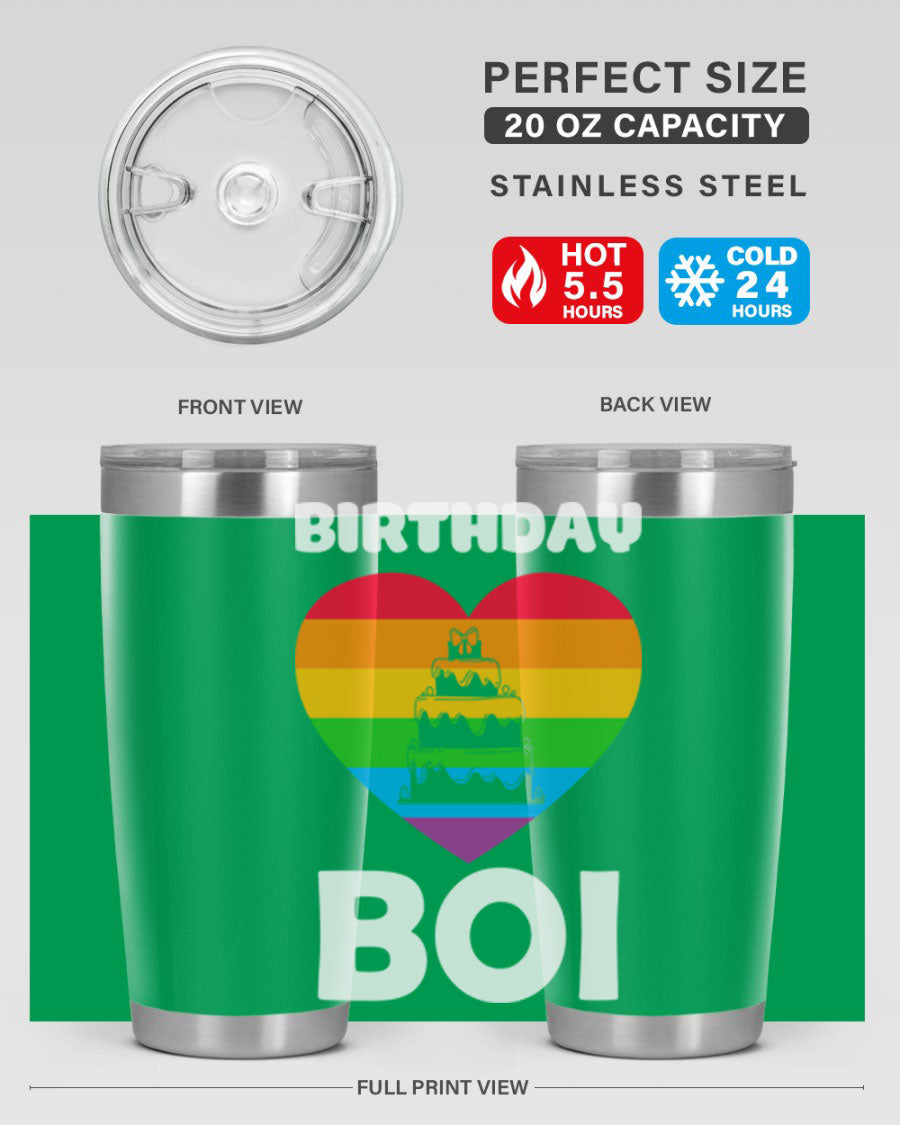 Birthday Boi LGBT Pride tumbler featuring vibrant colors and a stylish design, perfect for celebrating pride and keeping drinks hot or cold.