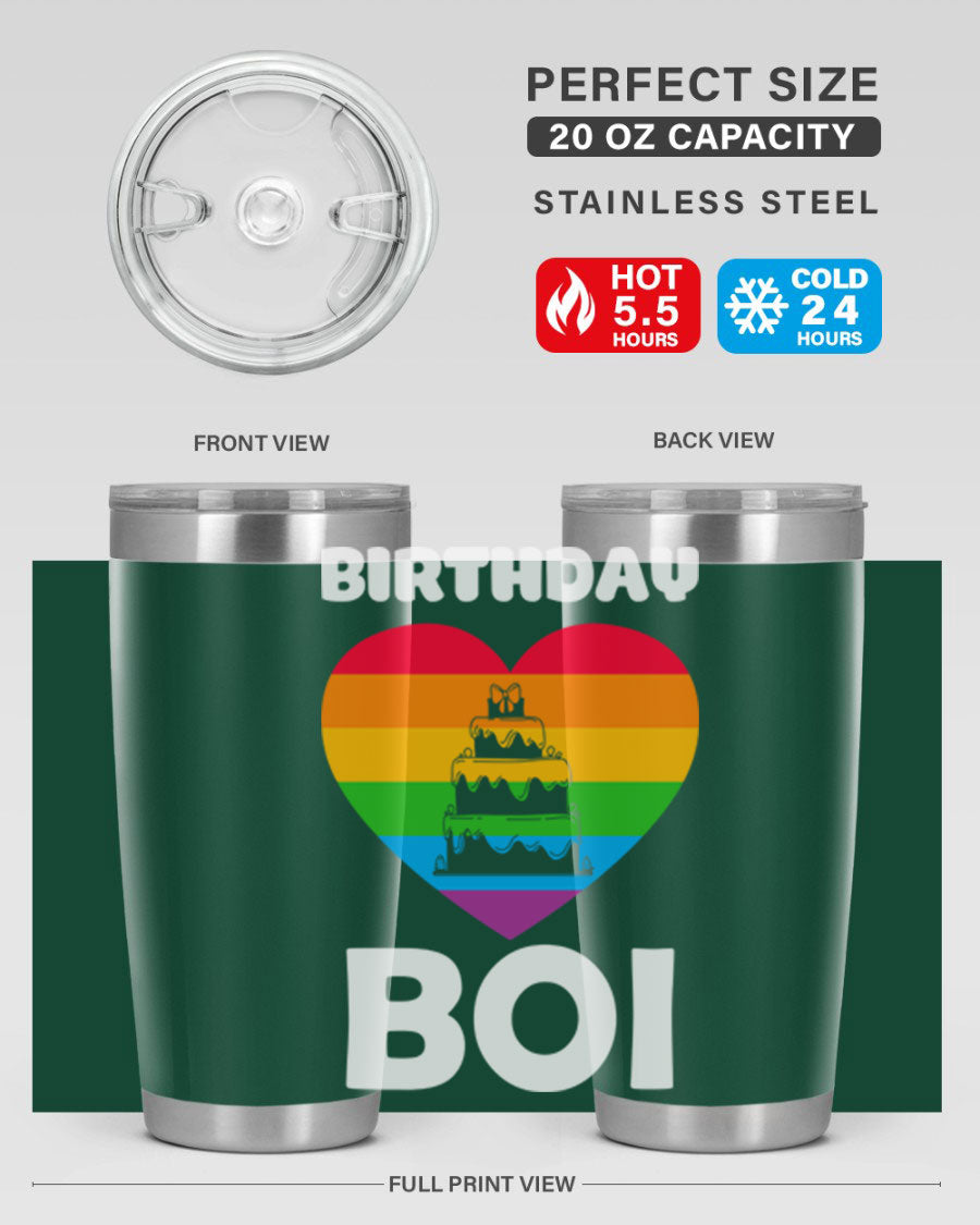 Birthday Boi LGBT Pride tumbler featuring vibrant colors and a stylish design, perfect for celebrating pride and keeping drinks hot or cold.