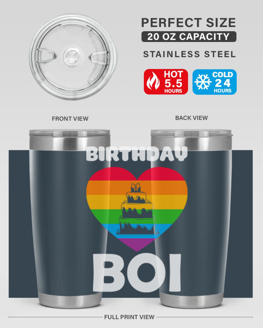 Birthday Boi LGBT Pride tumbler featuring vibrant colors and a stylish design, perfect for celebrating pride and keeping drinks hot or cold.