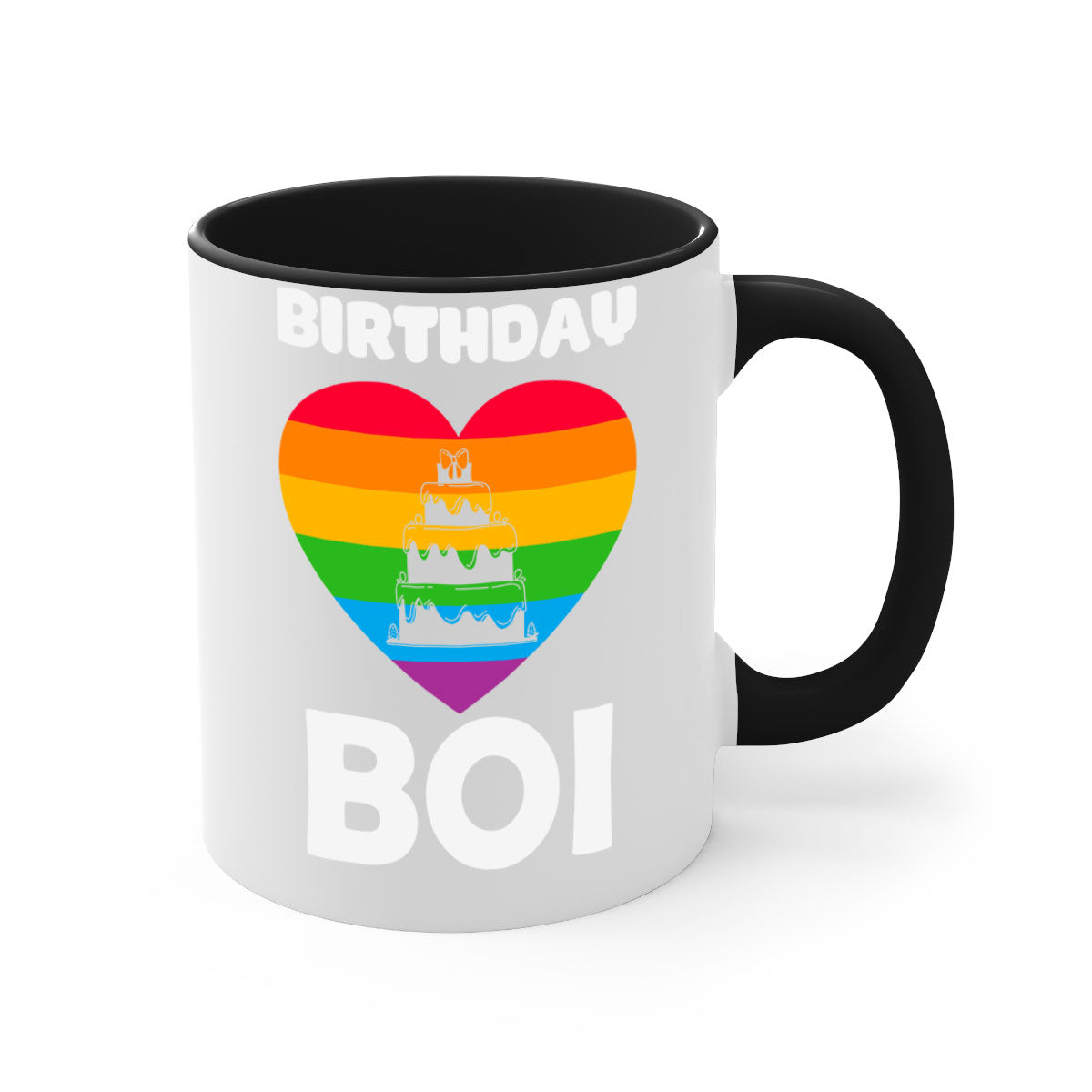 Colorful Birthday Boi LGBT Pride Mug with glossy finish and colored handle, perfect for coffee or tea.