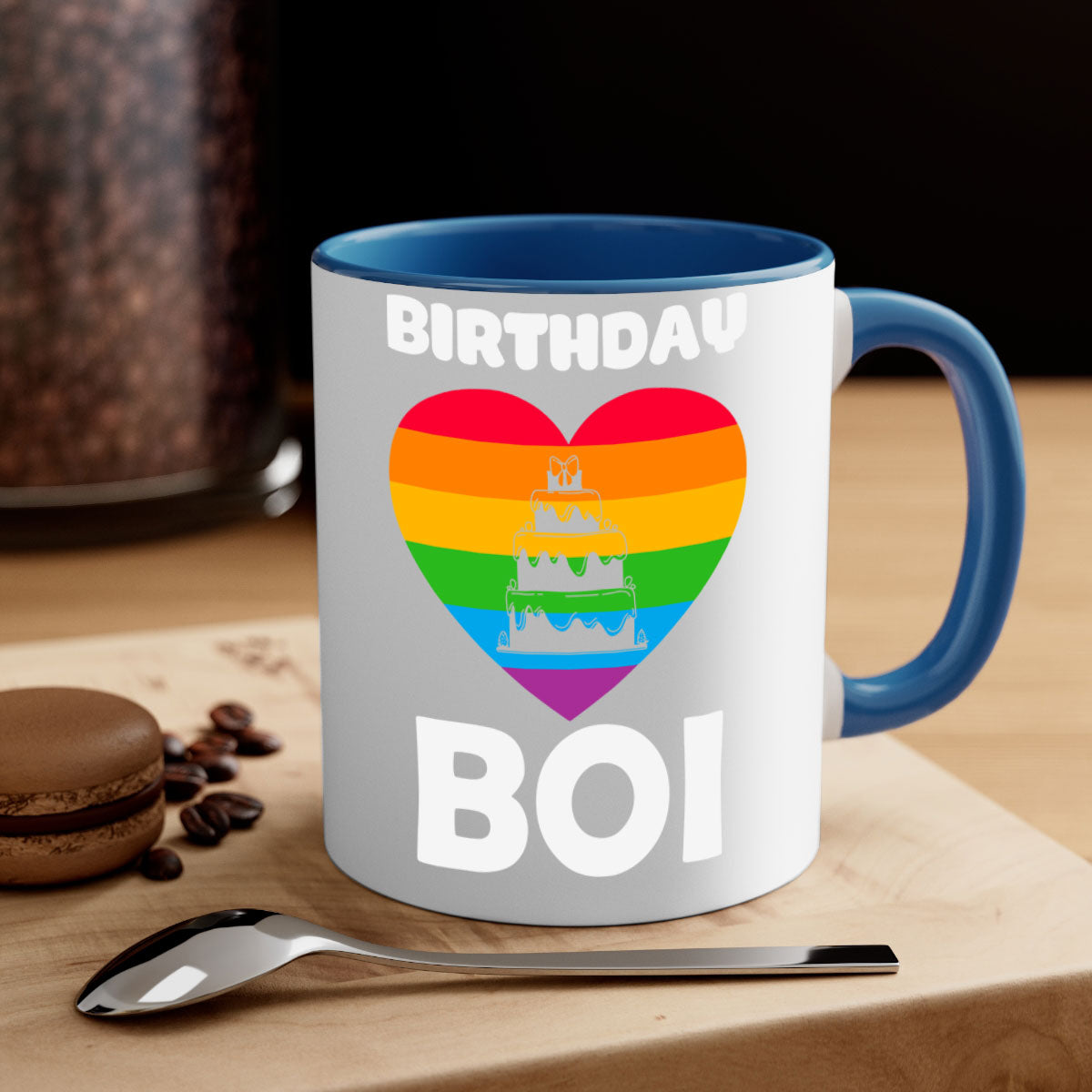 Colorful Birthday Boi LGBT Pride Mug with glossy finish and colored handle, perfect for coffee or tea.
