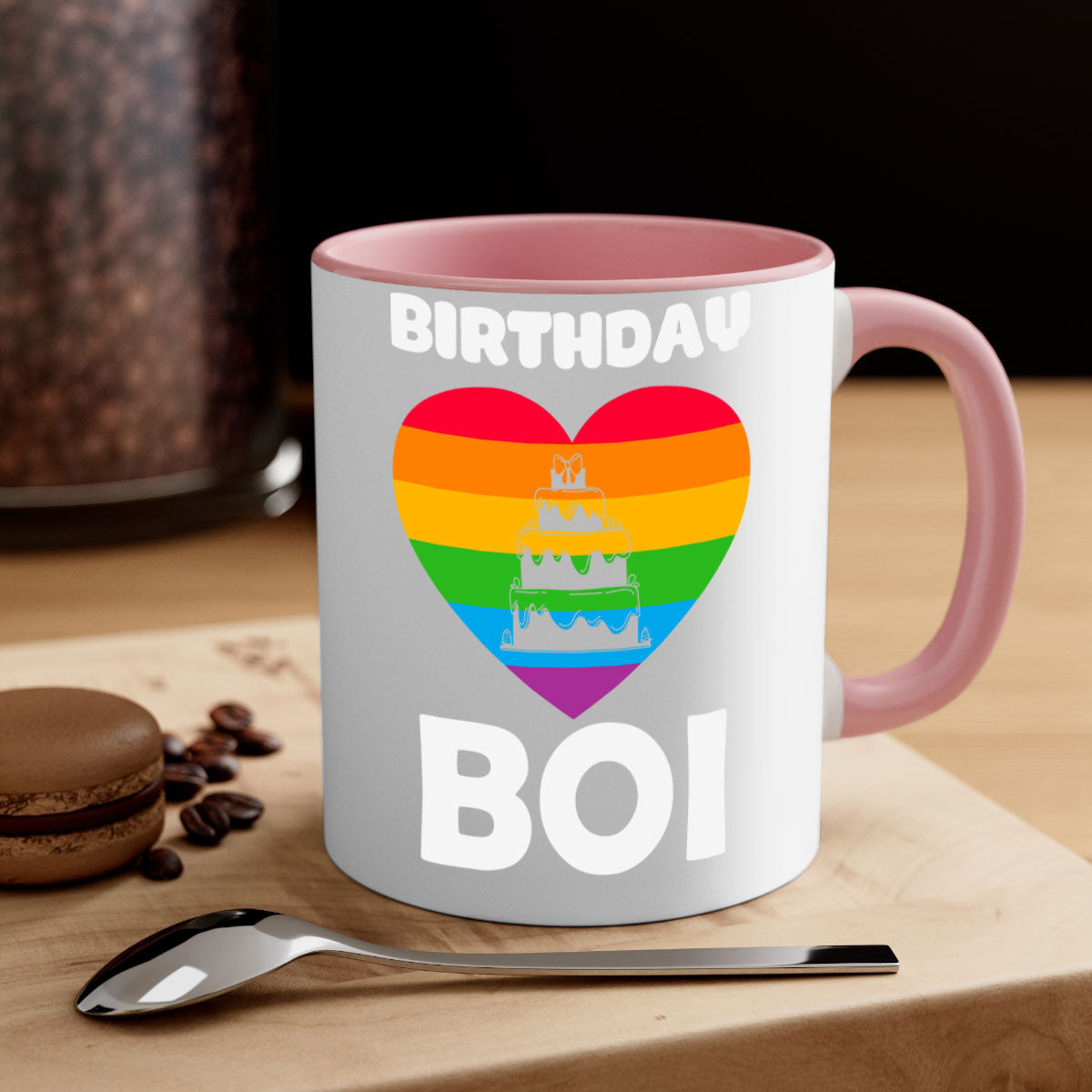 Colorful Birthday Boi LGBT Pride Mug with glossy finish and colored handle, perfect for coffee or tea.
