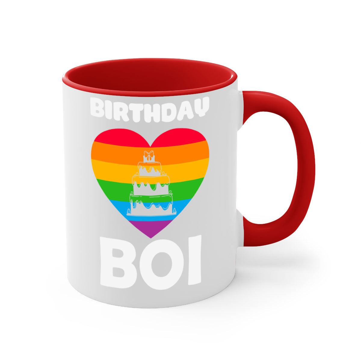 Colorful Birthday Boi LGBT Pride Mug with glossy finish and colored handle, perfect for coffee or tea.