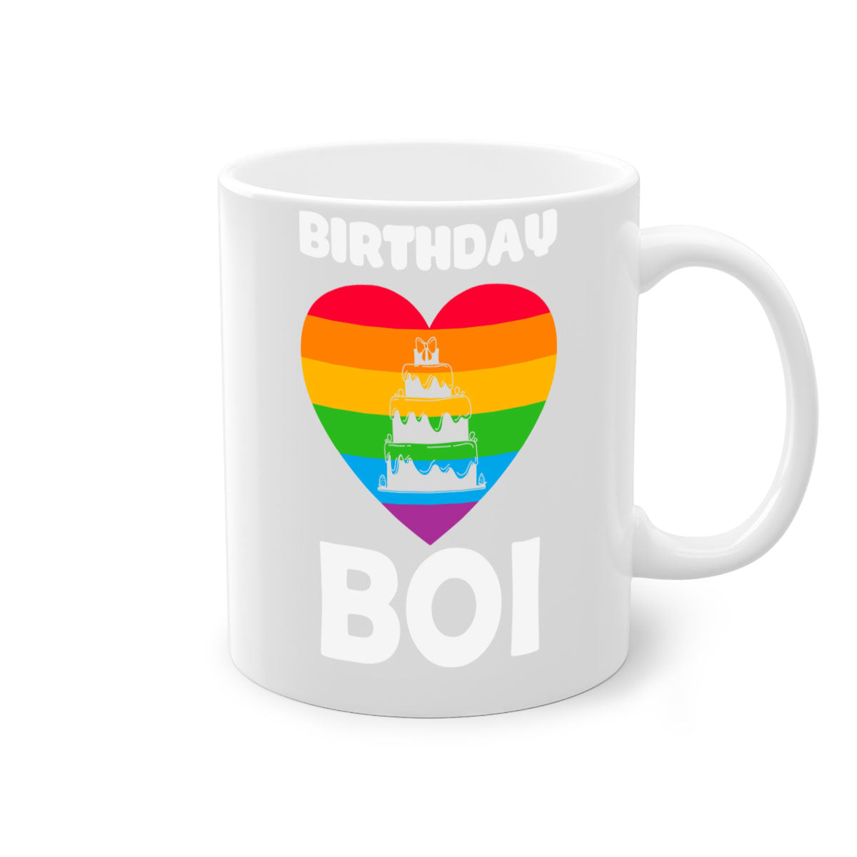 Colorful Birthday Boi LGBT Pride Mug with glossy finish and colored handle, perfect for coffee or tea.