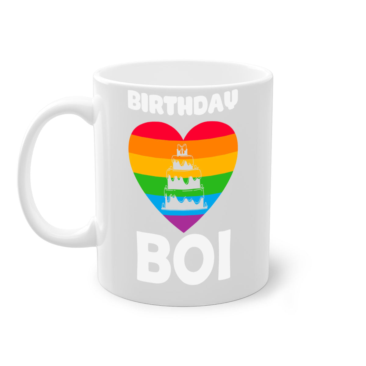 Colorful Birthday Boi LGBT Pride Mug with glossy finish and colored handle, perfect for coffee or tea.