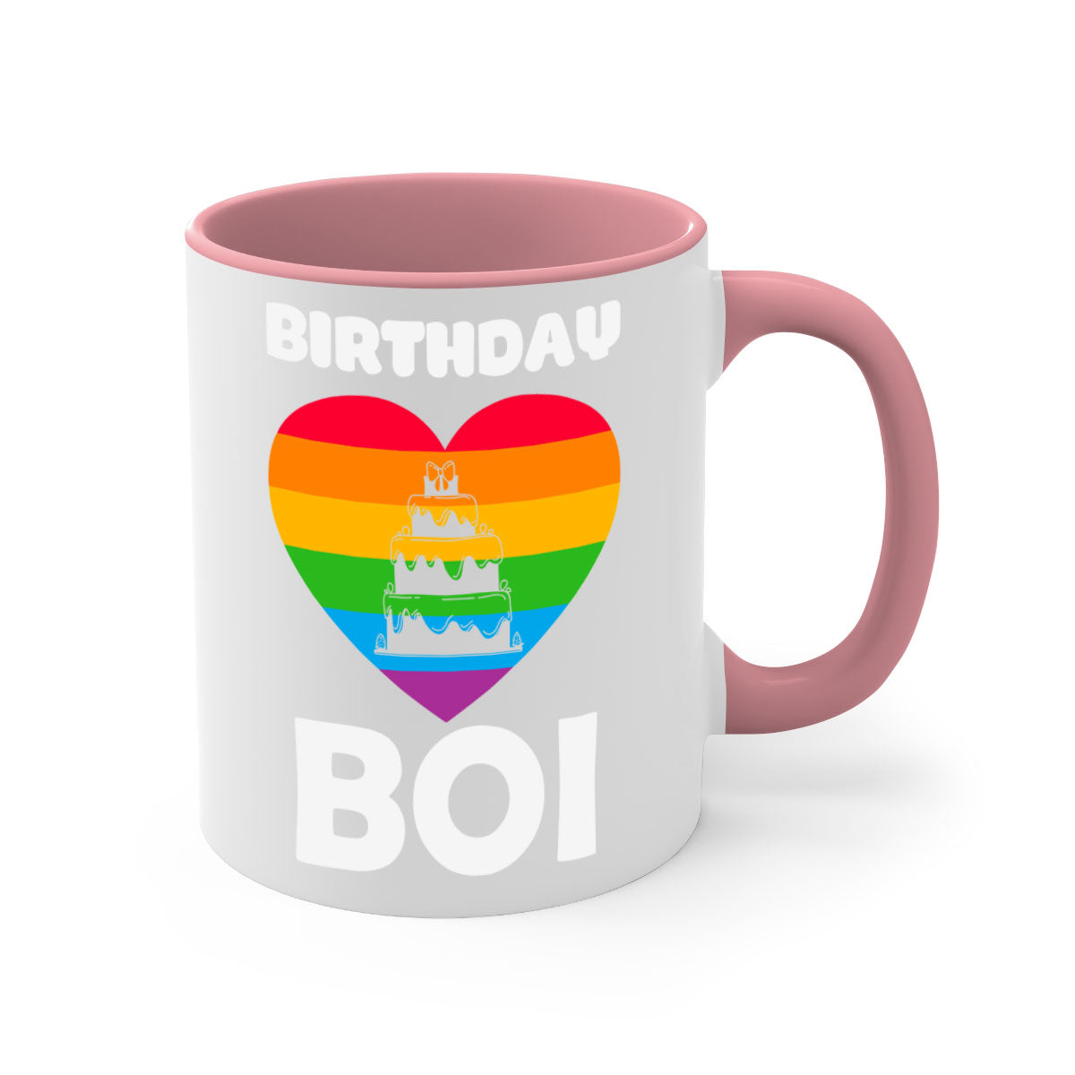 Colorful Birthday Boi LGBT Pride Mug with glossy finish and colored handle, perfect for coffee or tea.