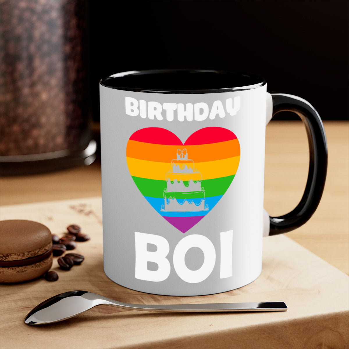 Colorful Birthday Boi LGBT Pride Mug with glossy finish and colored handle, perfect for coffee or tea.