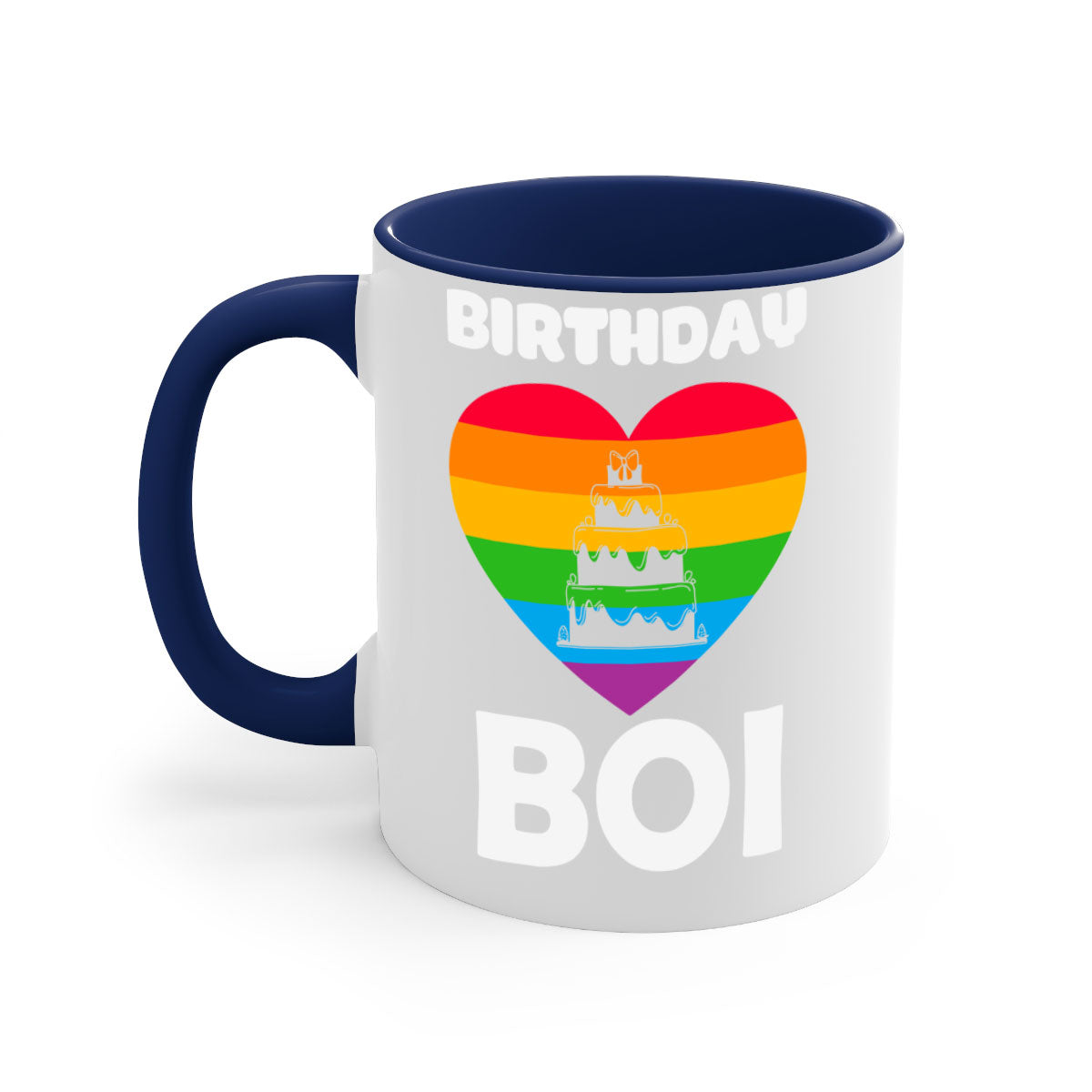 Colorful Birthday Boi LGBT Pride Mug with glossy finish and colored handle, perfect for coffee or tea.