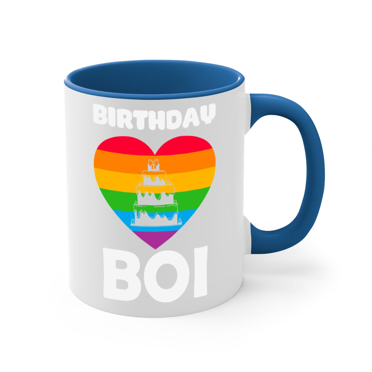 Colorful Birthday Boi LGBT Pride Mug with glossy finish and colored handle, perfect for coffee or tea.