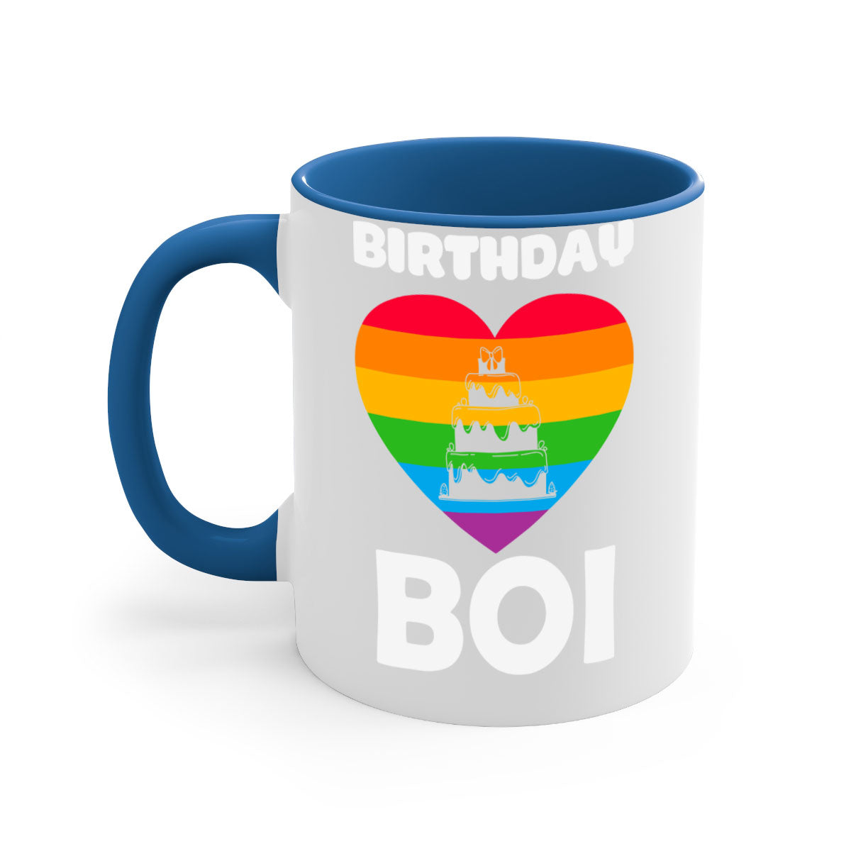 Colorful Birthday Boi LGBT Pride Mug with glossy finish and colored handle, perfect for coffee or tea.