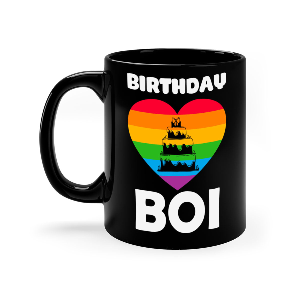Colorful Birthday Boi LGBT Pride Mug with glossy finish and colored handle, perfect for coffee or tea.