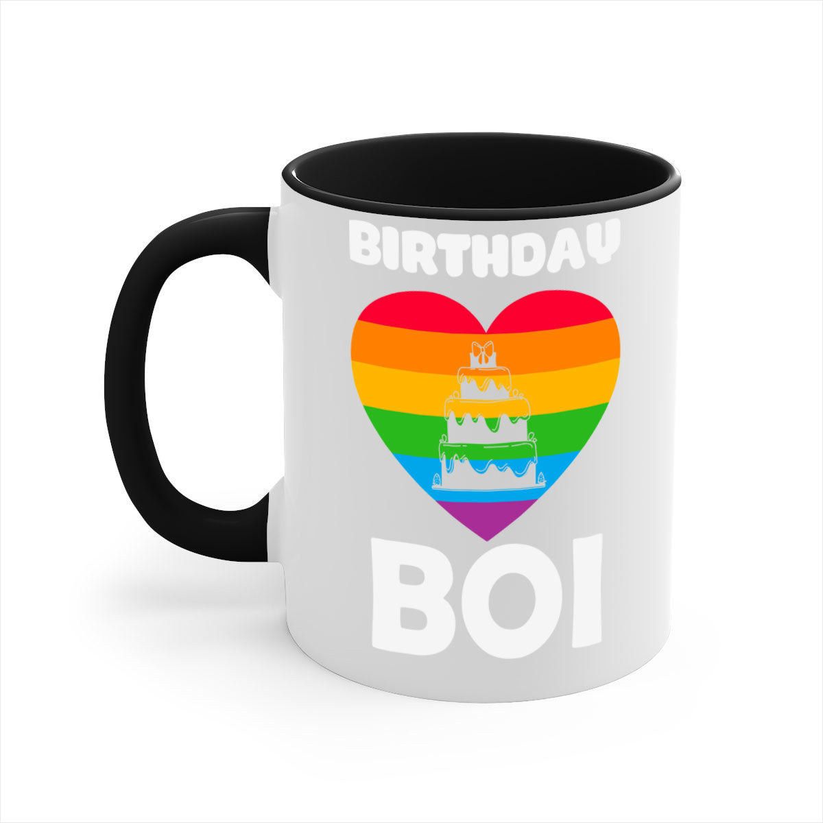 Colorful Birthday Boi LGBT Pride Mug with glossy finish and colored handle, perfect for coffee or tea.