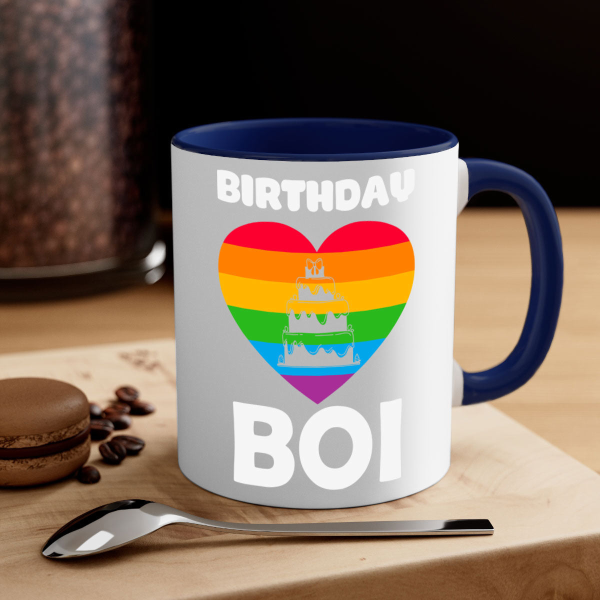 Colorful Birthday Boi LGBT Pride Mug with glossy finish and colored handle, perfect for coffee or tea.