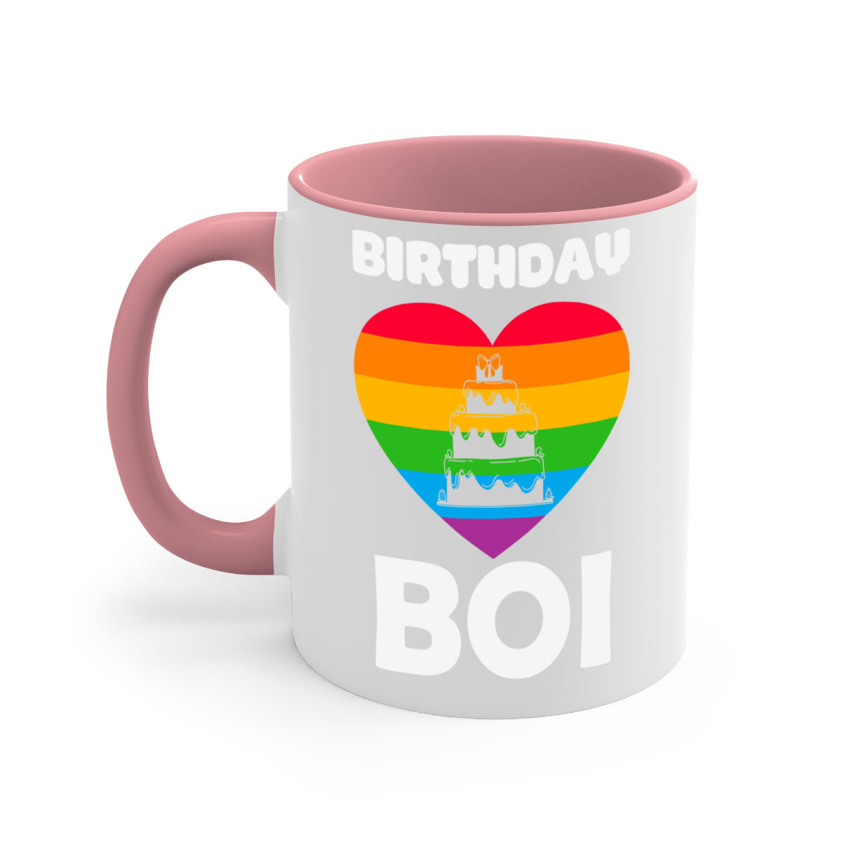 Colorful Birthday Boi LGBT Pride Mug with glossy finish and colored handle, perfect for coffee or tea.