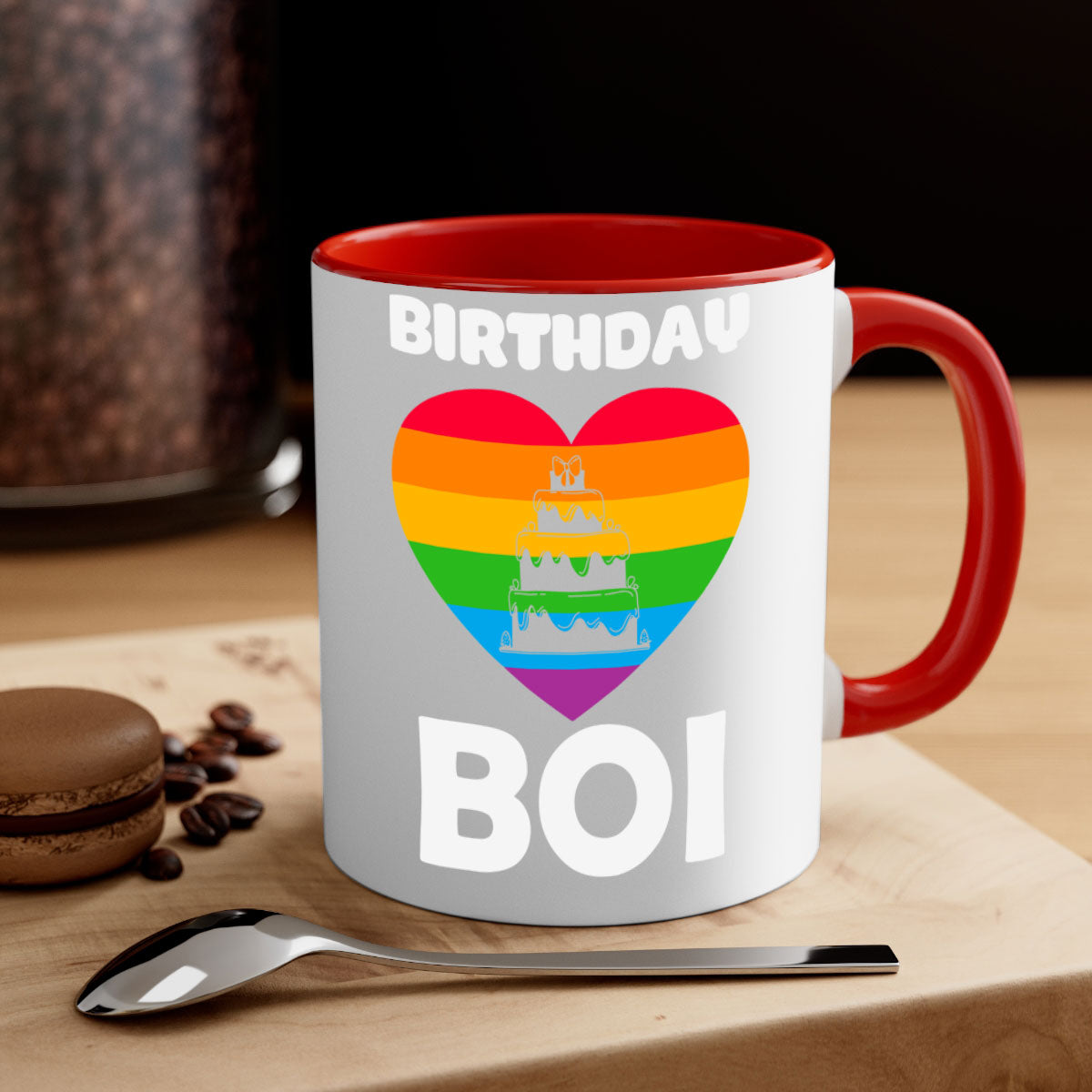 Colorful Birthday Boi LGBT Pride Mug with glossy finish and colored handle, perfect for coffee or tea.