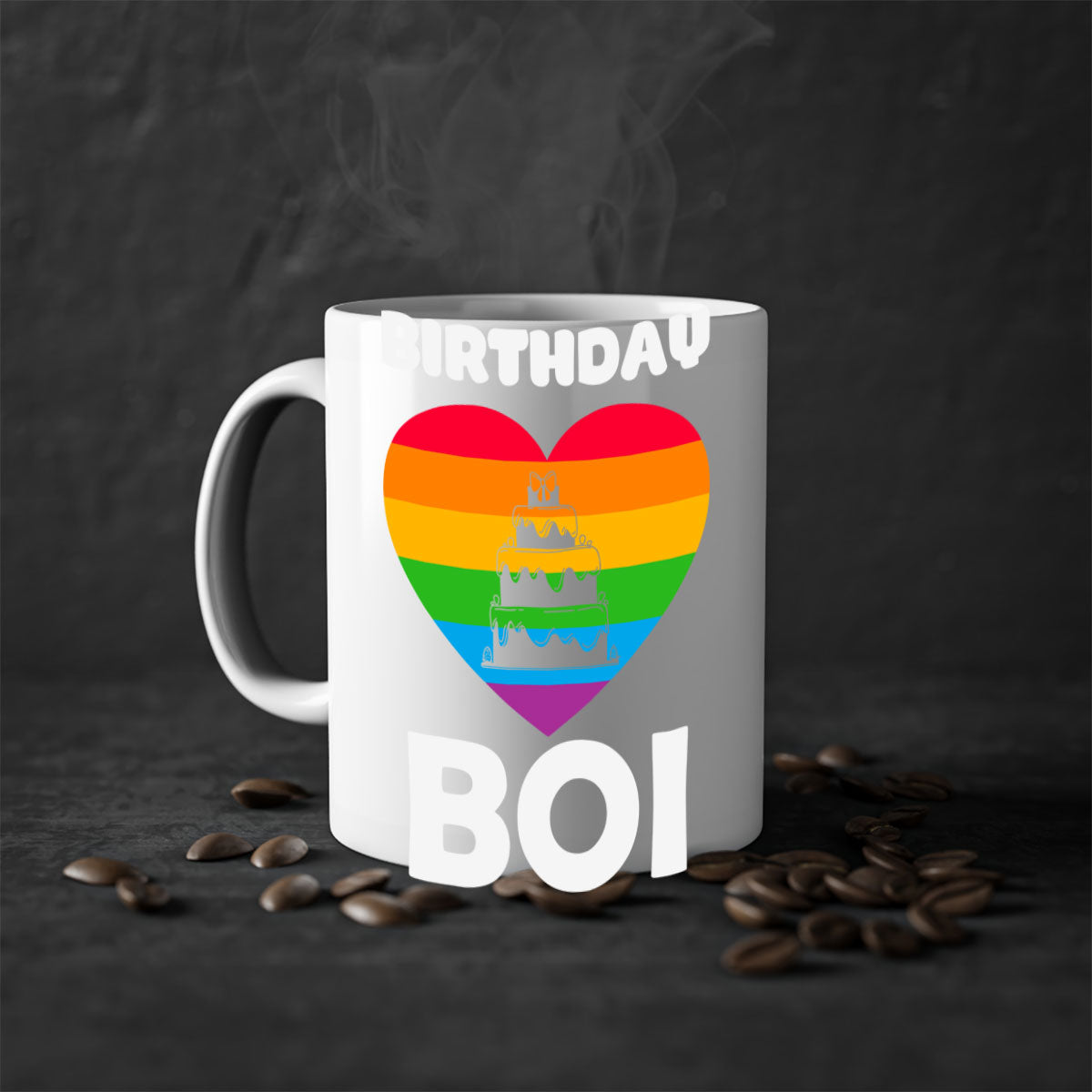 Colorful Birthday Boi LGBT Pride Mug with glossy finish and colored handle, perfect for coffee or tea.