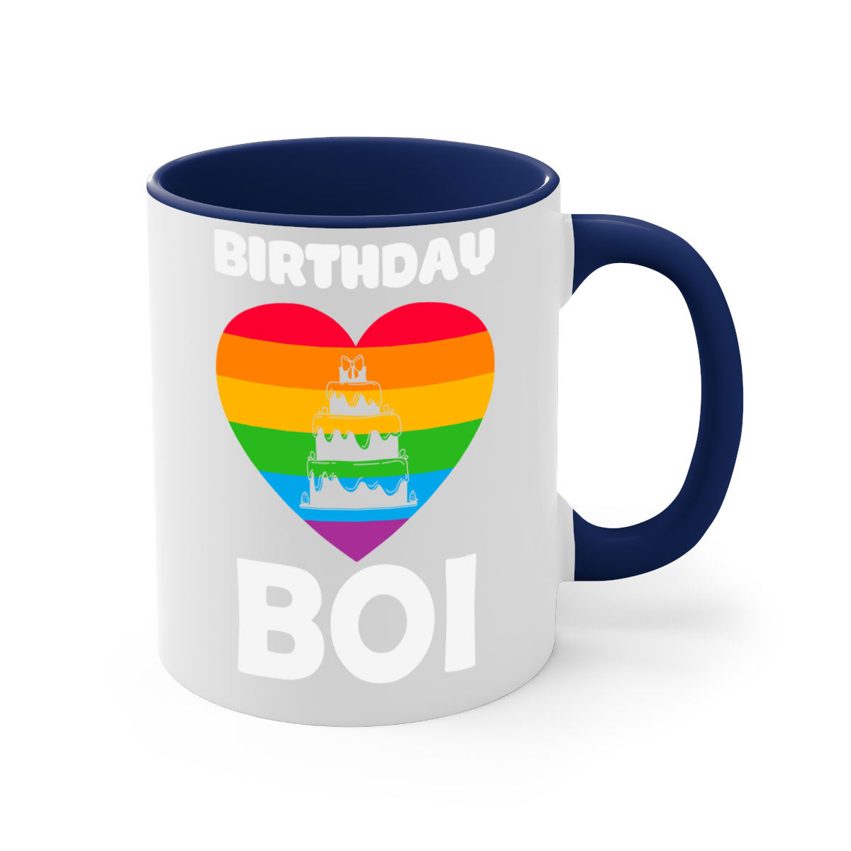 Colorful Birthday Boi LGBT Pride Mug with glossy finish and colored handle, perfect for coffee or tea.