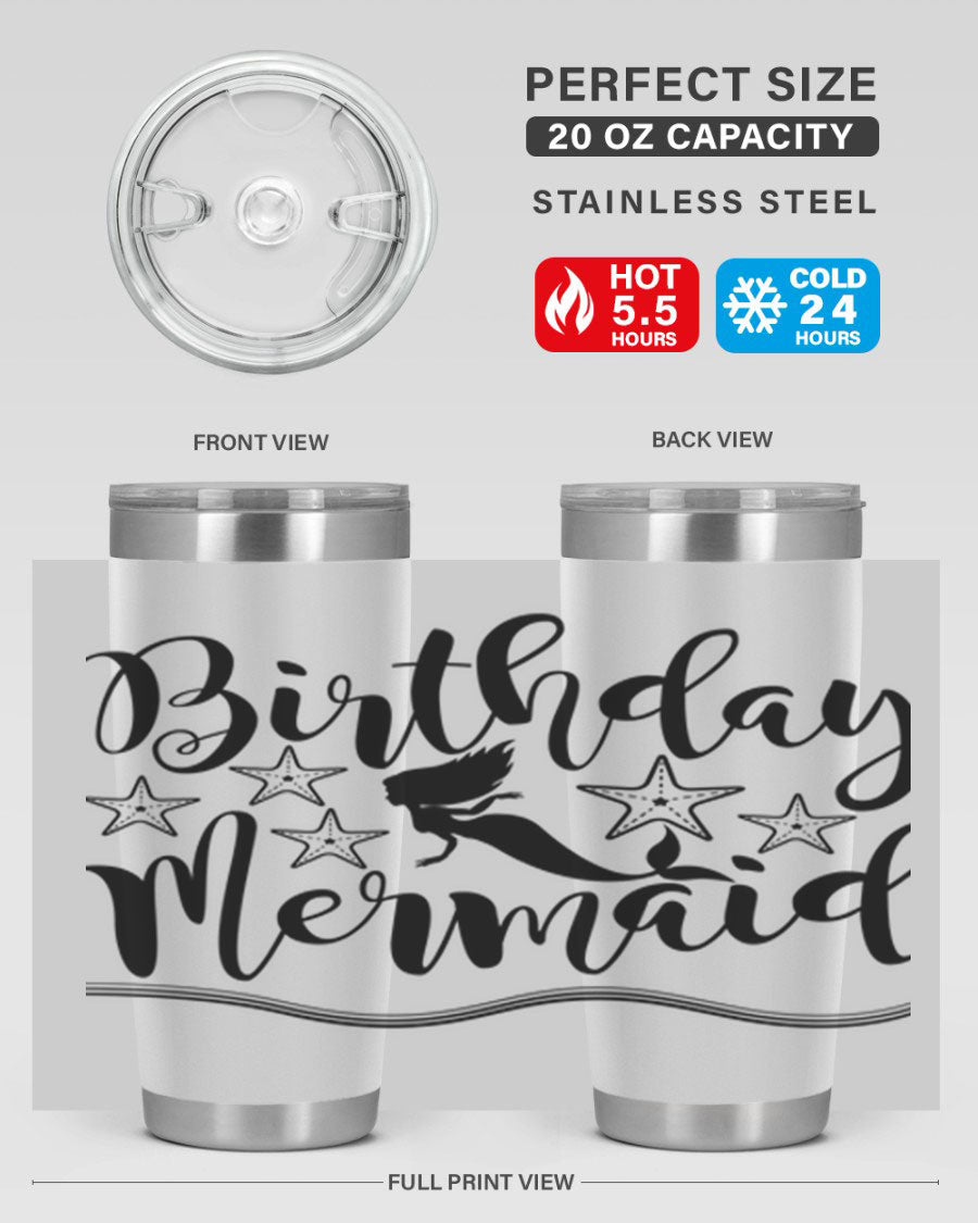 Birthday Mermaid 77# Tumbler in vibrant colors, showcasing its double wall stainless steel design and drink-thru lid.