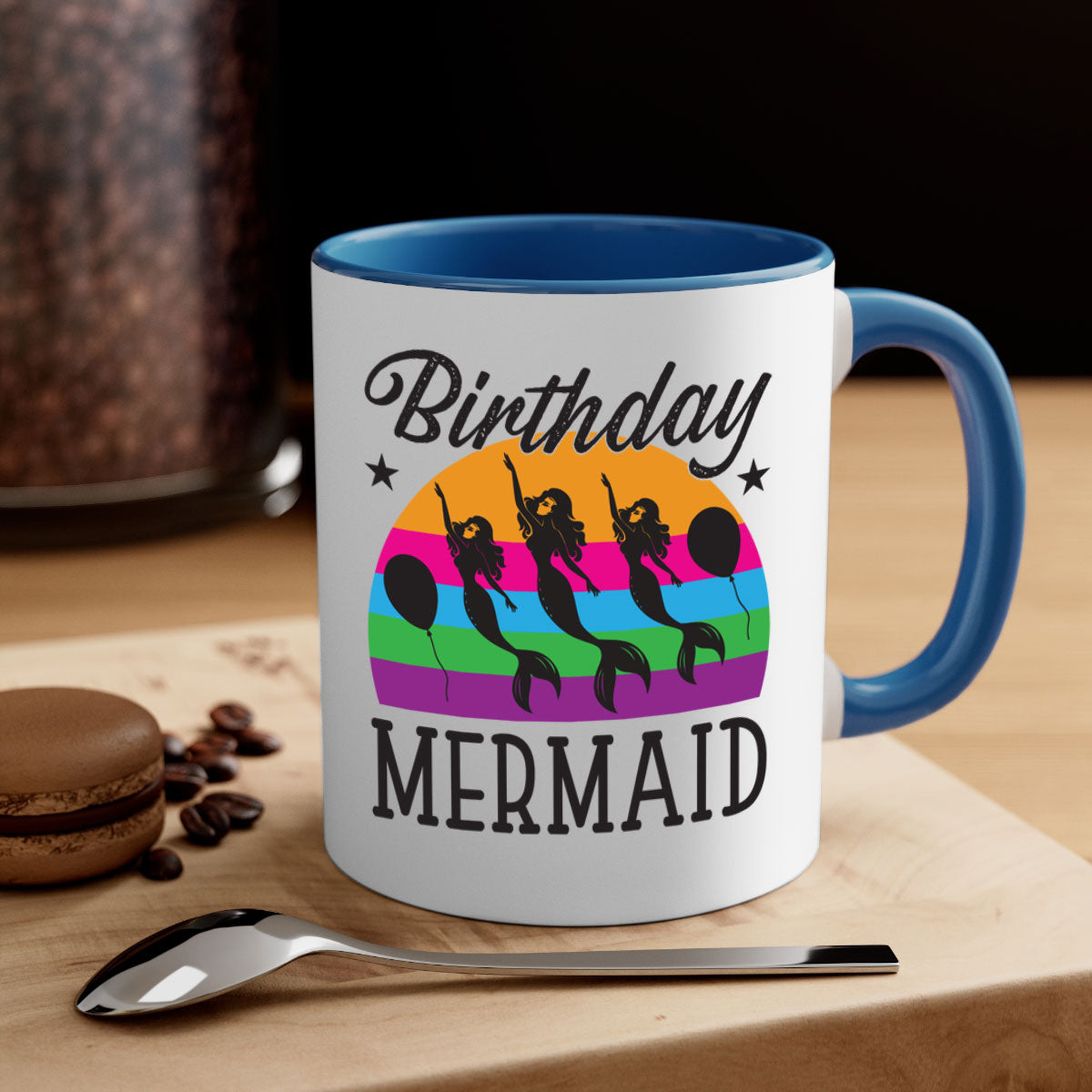 Birthday Mermaid Mug with colorful handle and glossy finish, perfect for coffee and tea.