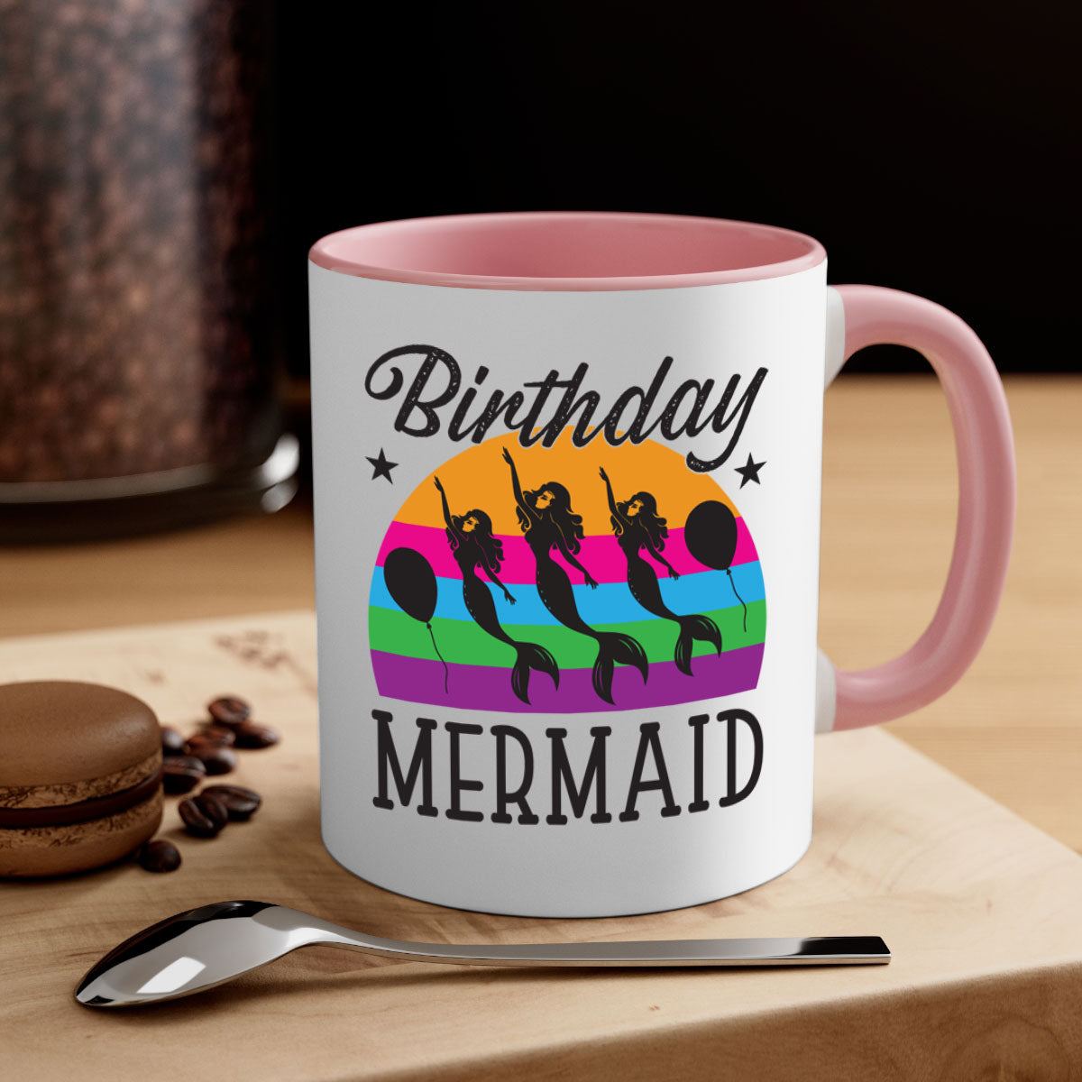 Birthday Mermaid Mug with colorful handle and glossy finish, perfect for coffee and tea.