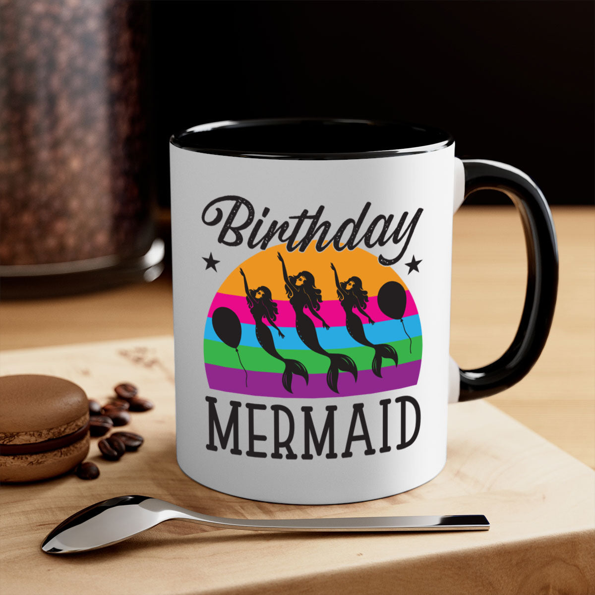Birthday Mermaid Mug with colorful handle and glossy finish, perfect for coffee and tea.