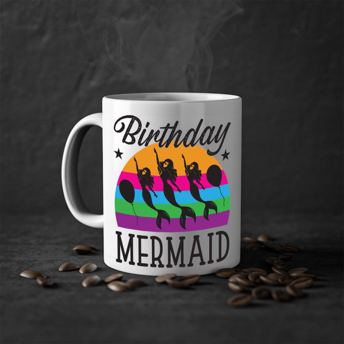 Birthday Mermaid Mug with colorful handle and glossy finish, perfect for coffee and tea.