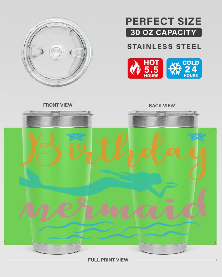 Birthday Mermaid Design tumbler featuring vibrant mermaid graphics, available in 20oz and 30oz sizes, made from stainless steel.