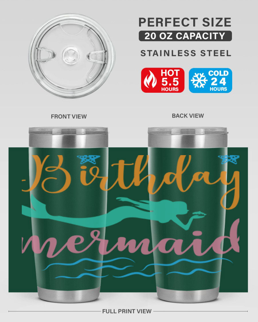Birthday Mermaid Design tumbler featuring vibrant mermaid graphics, available in 20oz and 30oz sizes, made from stainless steel.