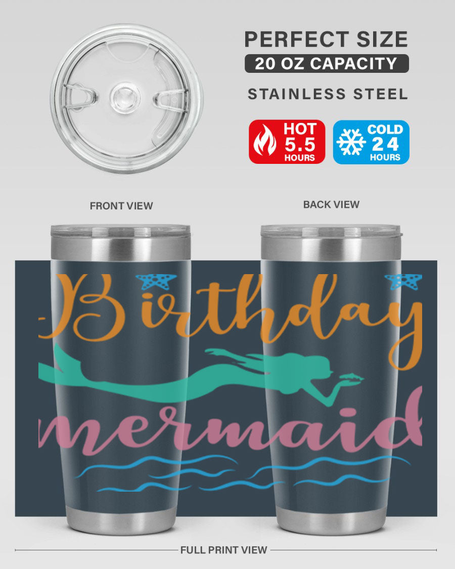 Birthday Mermaid Design tumbler featuring vibrant mermaid graphics, available in 20oz and 30oz sizes, made from stainless steel.