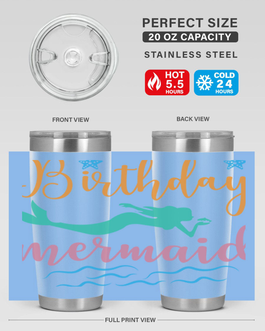 Birthday Mermaid Design tumbler featuring vibrant mermaid graphics, available in 20oz and 30oz sizes, made from stainless steel.