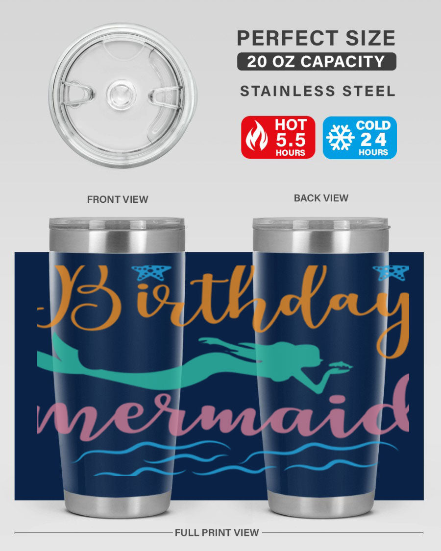 Birthday Mermaid Design tumbler featuring vibrant mermaid graphics, available in 20oz and 30oz sizes, made from stainless steel.