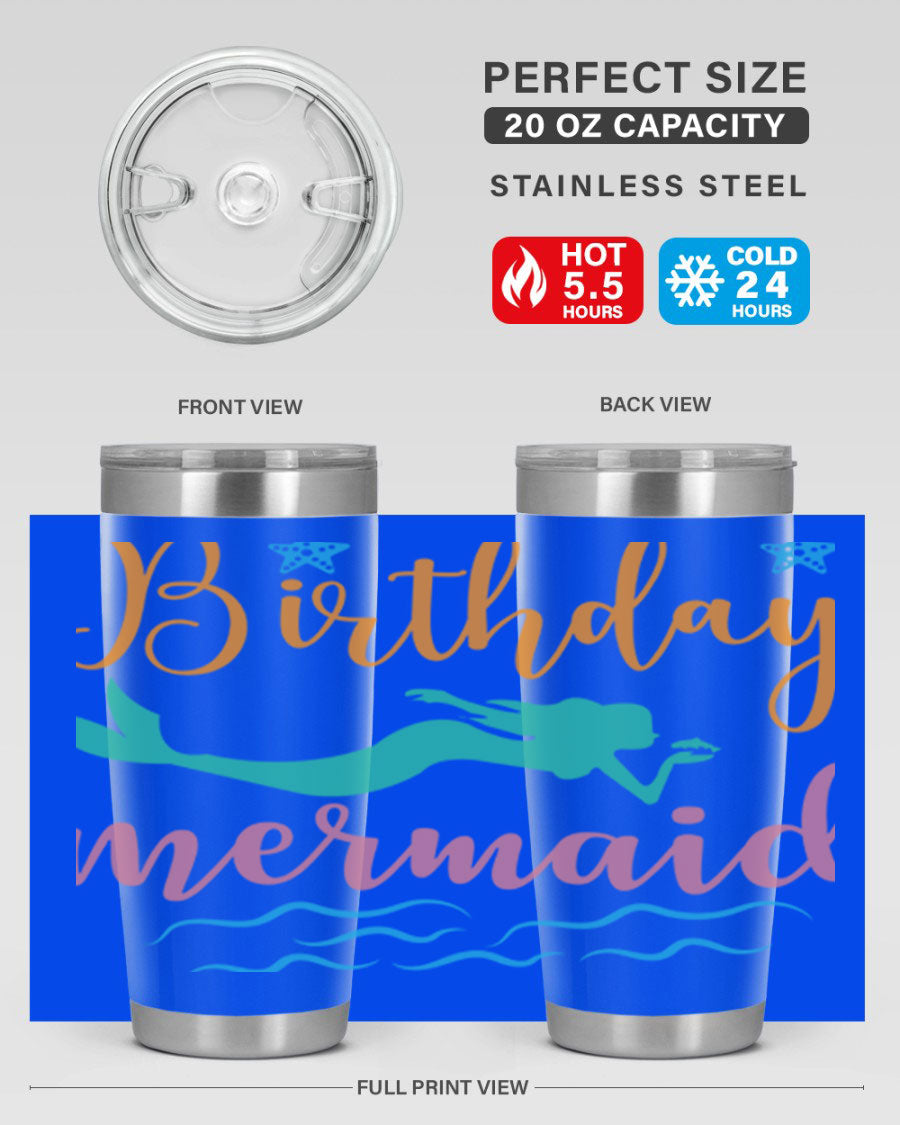 Birthday Mermaid Design tumbler featuring vibrant mermaid graphics, available in 20oz and 30oz sizes, made from stainless steel.