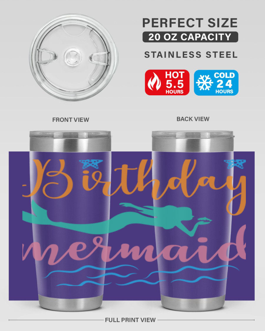 Birthday Mermaid Design tumbler featuring vibrant mermaid graphics, available in 20oz and 30oz sizes, made from stainless steel.