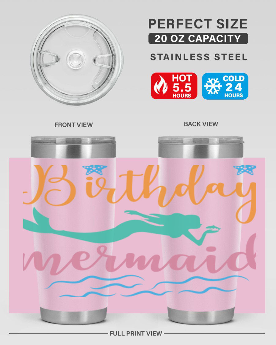 Birthday Mermaid Design tumbler featuring vibrant mermaid graphics, available in 20oz and 30oz sizes, made from stainless steel.