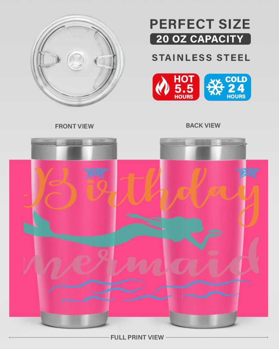 Birthday Mermaid Design tumbler featuring vibrant mermaid graphics, available in 20oz and 30oz sizes, made from stainless steel.