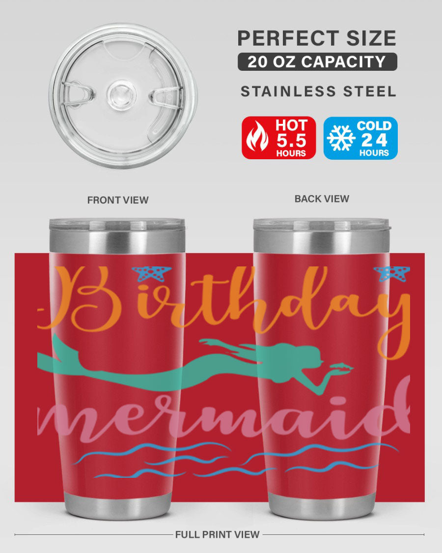 Birthday Mermaid Design tumbler featuring vibrant mermaid graphics, available in 20oz and 30oz sizes, made from stainless steel.