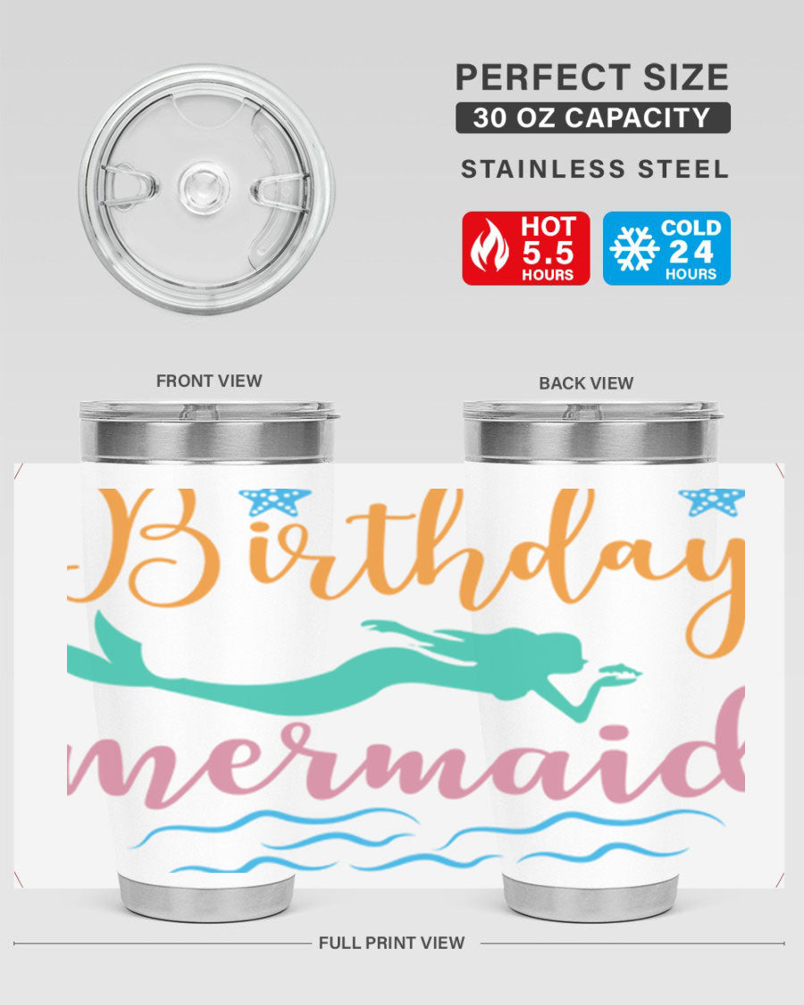 Birthday Mermaid Design tumbler featuring vibrant mermaid graphics, available in 20oz and 30oz sizes, made from stainless steel.