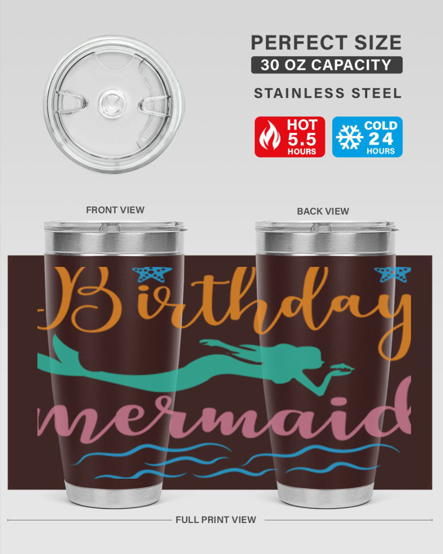 Birthday Mermaid Design tumbler featuring vibrant mermaid graphics, available in 20oz and 30oz sizes, made from stainless steel.