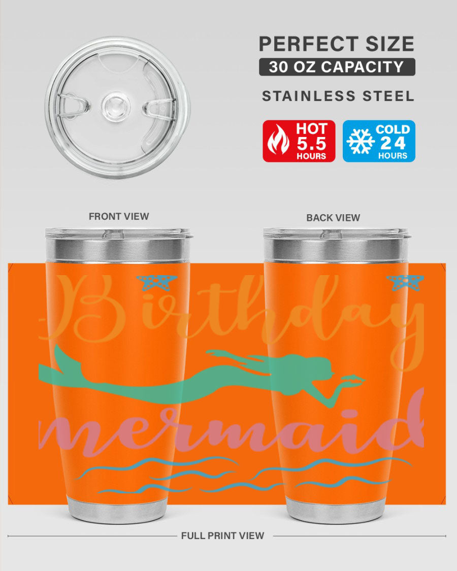 Birthday Mermaid Design tumbler featuring vibrant mermaid graphics, available in 20oz and 30oz sizes, made from stainless steel.
