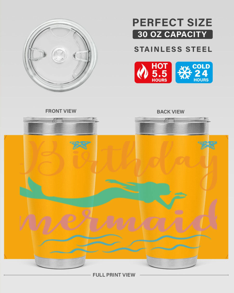 Birthday Mermaid Design tumbler featuring vibrant mermaid graphics, available in 20oz and 30oz sizes, made from stainless steel.