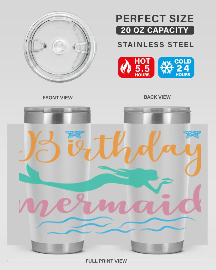 Birthday Mermaid Design tumbler featuring vibrant mermaid graphics, available in 20oz and 30oz sizes, made from stainless steel.