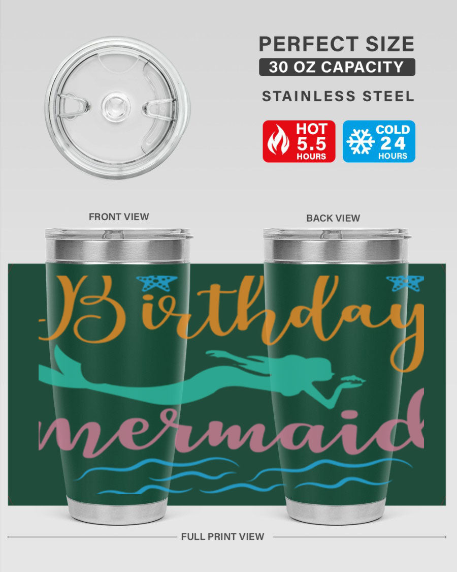 Birthday Mermaid Design tumbler featuring vibrant mermaid graphics, available in 20oz and 30oz sizes, made from stainless steel.