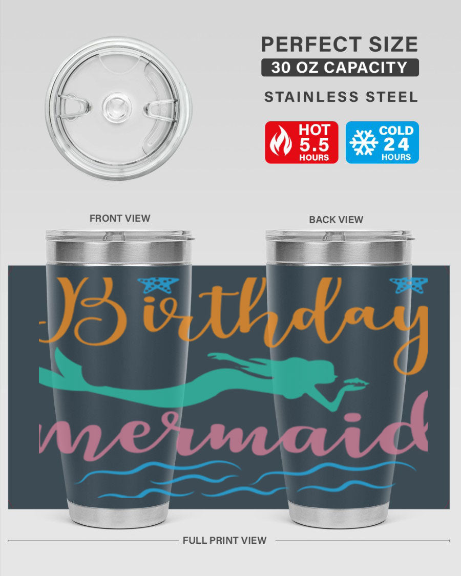 Birthday Mermaid Design tumbler featuring vibrant mermaid graphics, available in 20oz and 30oz sizes, made from stainless steel.