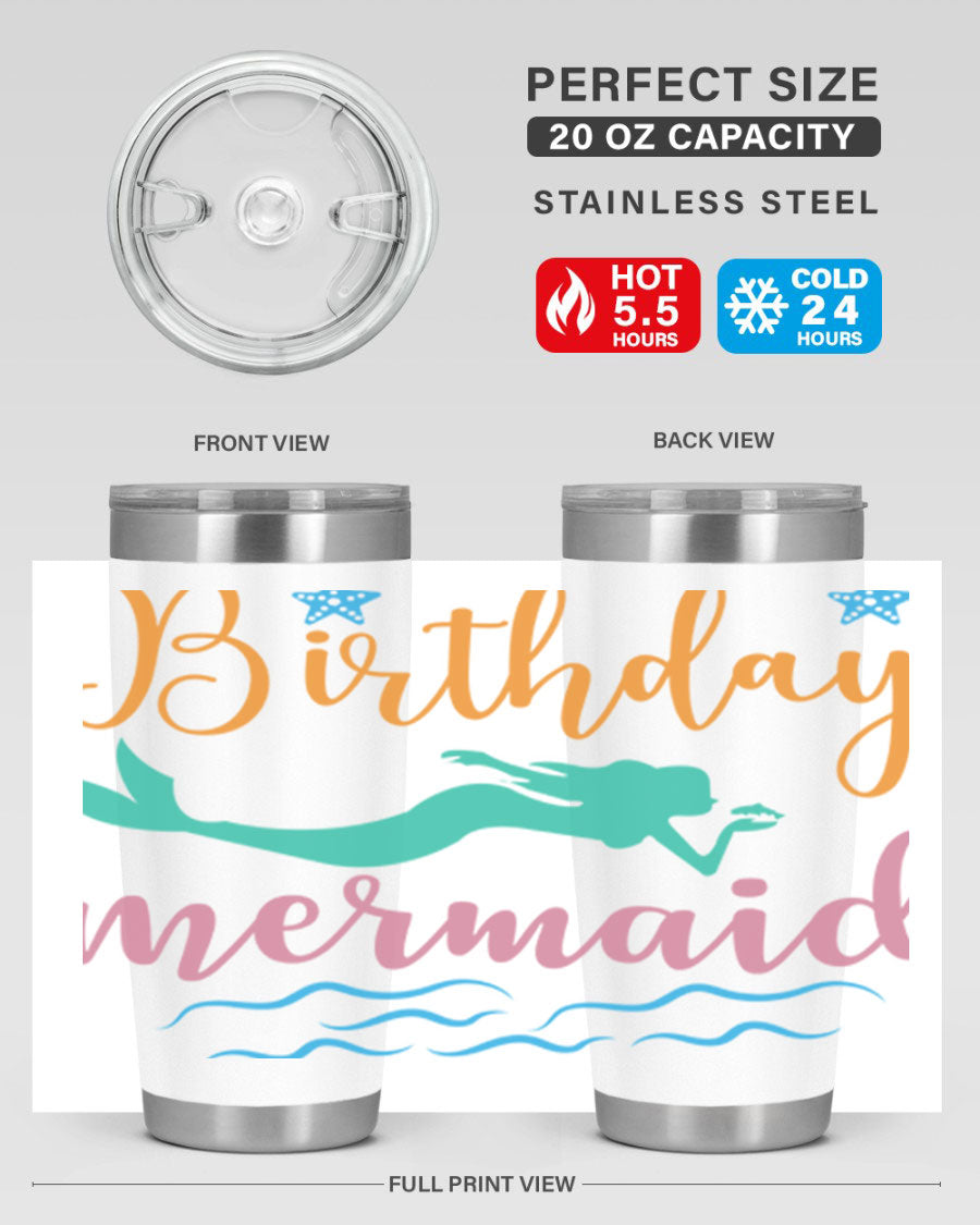 Birthday Mermaid Design tumbler featuring vibrant mermaid graphics, available in 20oz and 30oz sizes, made from stainless steel.