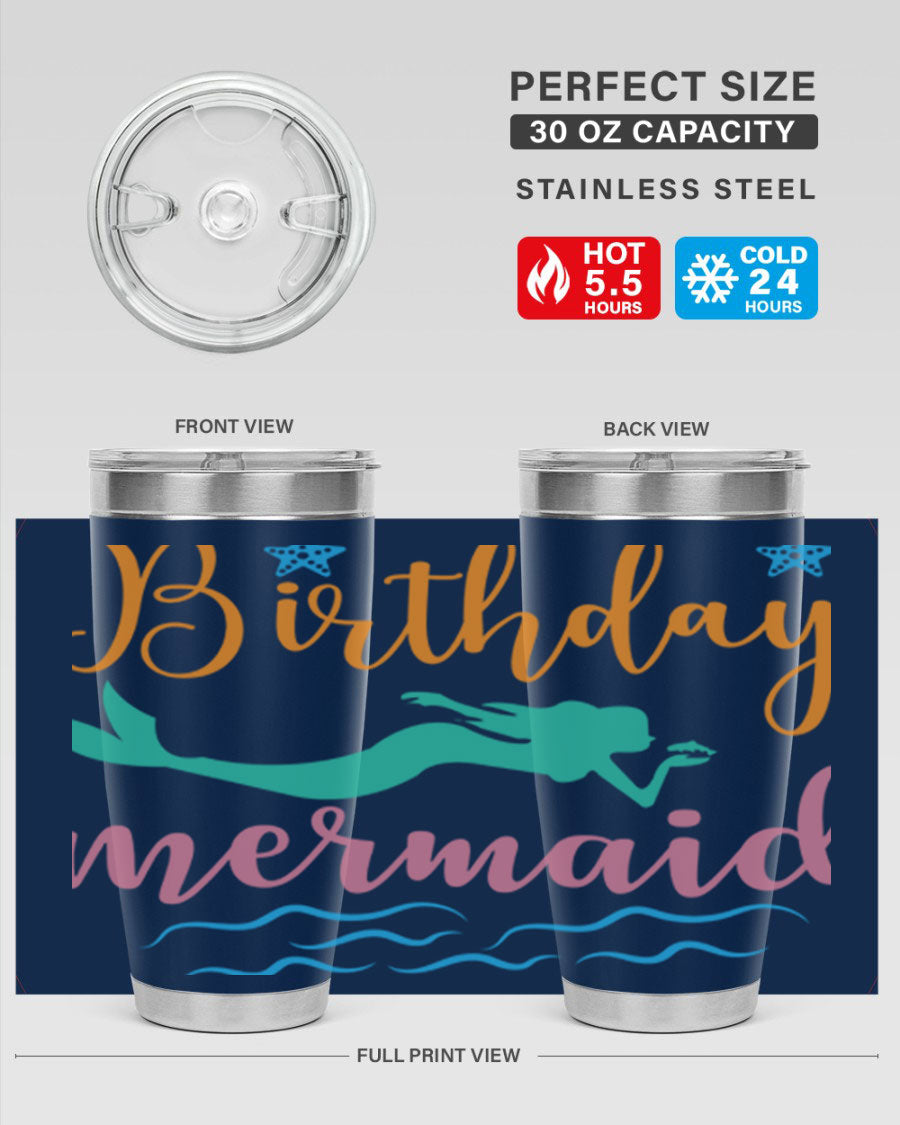 Birthday Mermaid Design tumbler featuring vibrant mermaid graphics, available in 20oz and 30oz sizes, made from stainless steel.