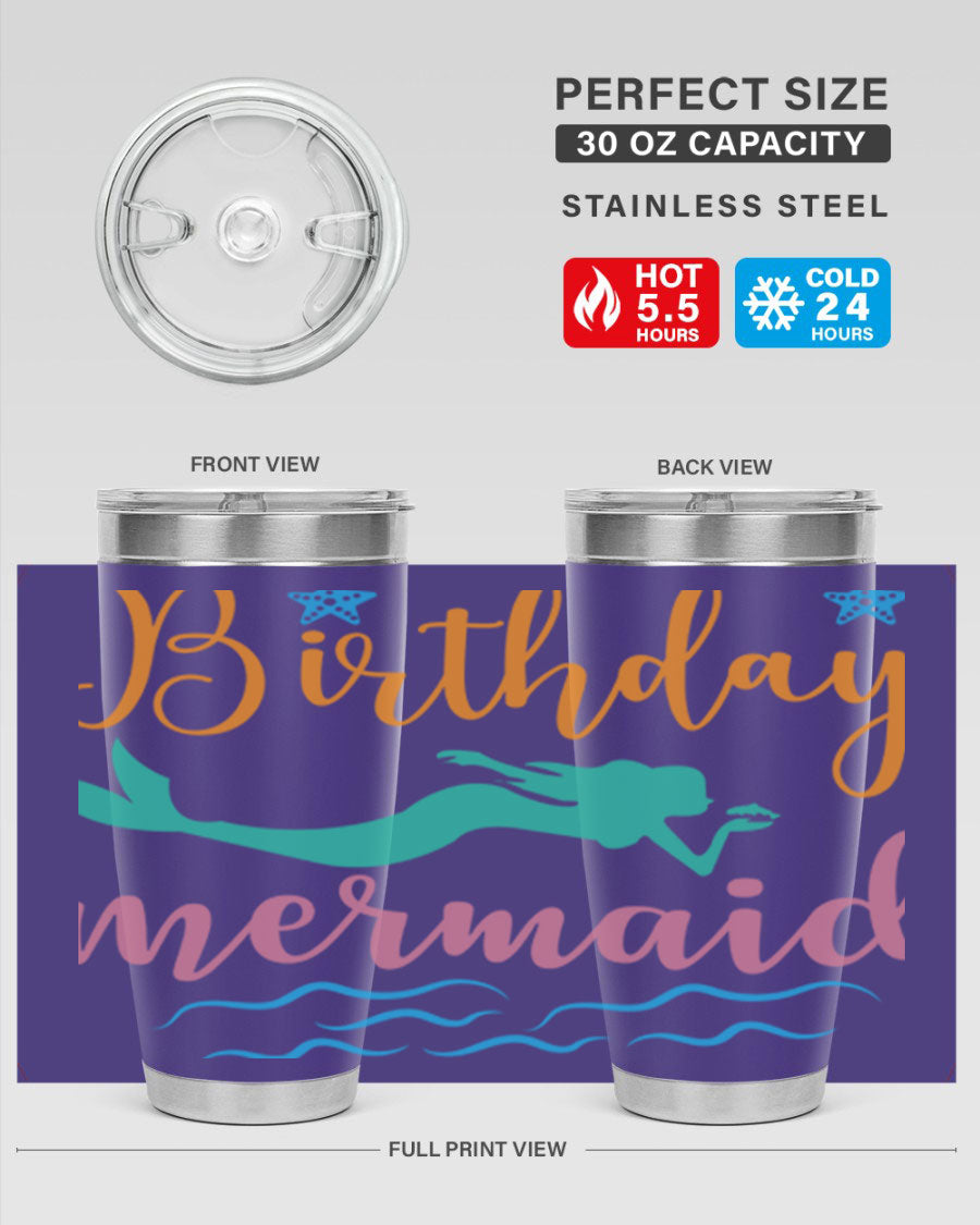 Birthday Mermaid Design tumbler featuring vibrant mermaid graphics, available in 20oz and 30oz sizes, made from stainless steel.