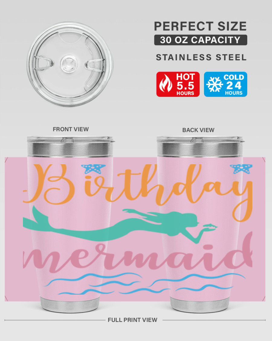 Birthday Mermaid Design tumbler featuring vibrant mermaid graphics, available in 20oz and 30oz sizes, made from stainless steel.